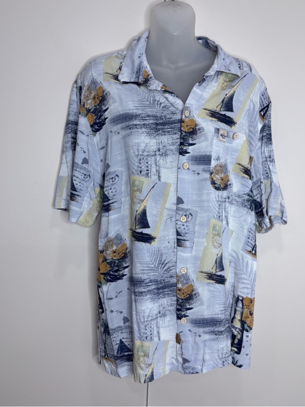 Joe Marlin Corona Grey Blue Nautical Short Sleeve Button up Hawaiian Shirt L